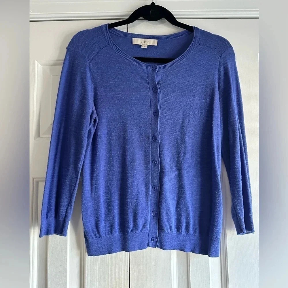 Loft Women’s blue shirt cardigan sweater.